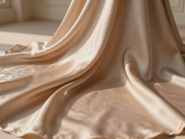 Detail shot of fluid silk fabric with a gentle sheen, indoor daylight, highlighting its soft movement and luxurious finish, 35mm