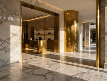 Interior of a luxury retail showroom in Riyadh, veined marble floors, brushed brass fixtures, dramatic architectural lighting, high-contrast shadows, 35mm lens