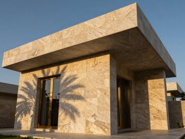 Low-angle golden hour view of a modern Saudi villa exterior, sharp geometric concrete lines, deep shadows, limestone facade, 35mm lens
