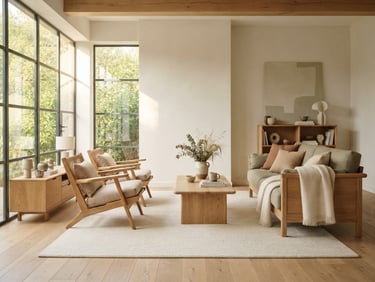 Wide breathing-room shot of a sun-drenched minimalist living room, clean lines, oak wood grain furniture, soft textiles in muted earth tones, warm editorial photography.