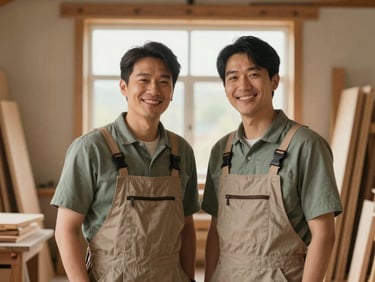 A warm portrait of two property stewards standing in a sun-drenched timber workshop, surrounded by natural wood grains and soft morning light, smiling warmly, editorial style.