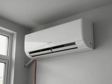 Close-up of a wall-mounted split air conditioning unit installed in a clean residential room, copper refrigerant lines neatly routed along the wall, natural daylight from a side window, muted gray walls, no people
