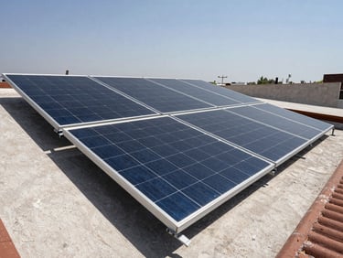 Overhead angle of photovoltaic solar panels mounted flush on a residential rooftop in Guadalajara, midday direct sunlight casting short shadows, aluminum mounting rails visible, sky clear with slight haze, no people