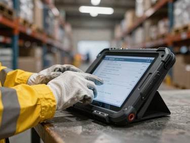 Hands in work gloves typing a part number on a rugged tablet in a Santiago warehouse.