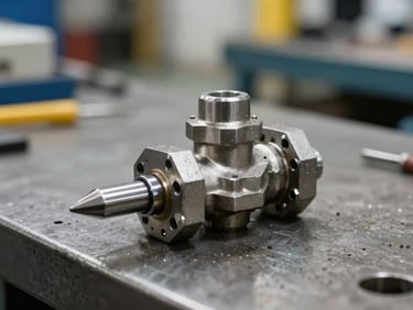 A brand new steel hydraulic valve resting on a metal workbench, sharp industrial lighting.