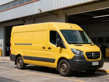 A yellow delivery van loading cargo outside a modern industrial facility in Santiago, bright daylight.