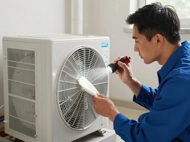 HVAC technician inspecting an indoor furnace unit in a residential basement, using a flashlight and tools, clean and professional work environment.