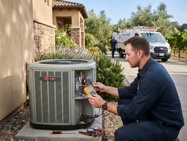 HVAC technician diagnosing a modern outdoor AC unit in a sunny Vineyard residential driveway, service truck visible in background, hands-on action shot.