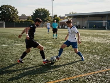 Wide shot of a soccer match in progress on a turf field, two players contesting the ball in the center, referee visible in the background, afternoon daylight