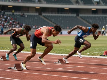 Outdoor track and field event, sprinters launching from starting blocks at race start, natural daylight, stadium seating visible in the far background