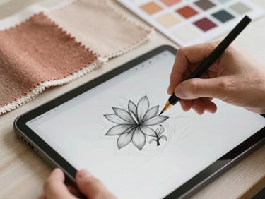 Hands sketching a detailed graphic layout on a tablet next to physical fabric swatches and color chips.