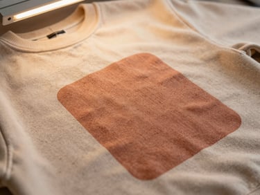 Close-up of rich, saturated ink curing on a custom-designed sweatshirt under warm workshop drying lights.