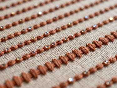 Extreme macro shot of dense terracotta embroidery stitches layered with tiny, glittering rhinestones on heavy canvas.