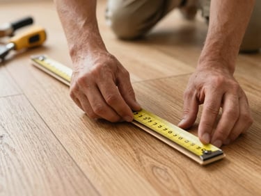 Close-up of a master carpenter measuring and laying an engineered oak floor plank, hands visible with traditional tools, soft natural light, detailed wood texture