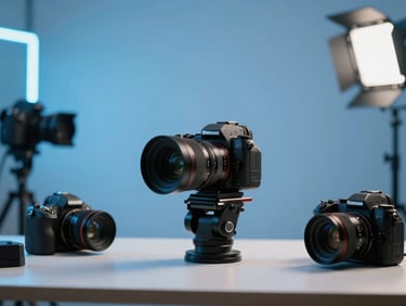 Behind-the-scenes content creation, high-quality camera and studio equipment on a desk, subtle blue gel lighting, 35mm