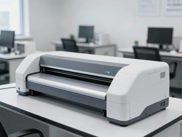 Wide angle clean corporate photography of a high-speed production document scanner operating in a bright, neutral daylight office environment, sharp focus, 35mm
