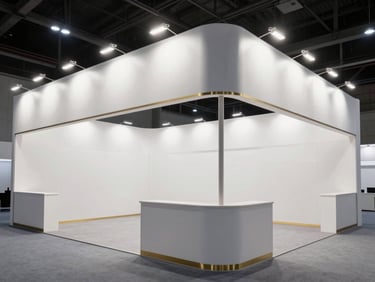 Ultra-wide shot of a massive, pristine custom exhibition stall under high-contrast architectural spotlights, seamless white panels, gold accents, no people