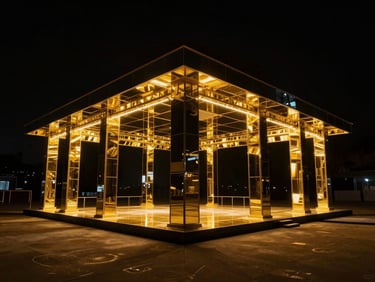 A futuristic mirrored pavilion reflecting dramatic gold LED stage lighting in a dark room, high-contrast architectural photography, wide angle
