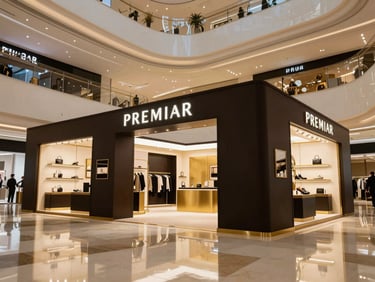 Wide-angle environmental shot of a premium retail branding activation inside a luxury mall, dramatic architectural lighting reflecting on polished floors.