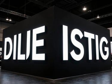 Wide shot of a sleek exhibition booth with deep black walls and stark white typography.