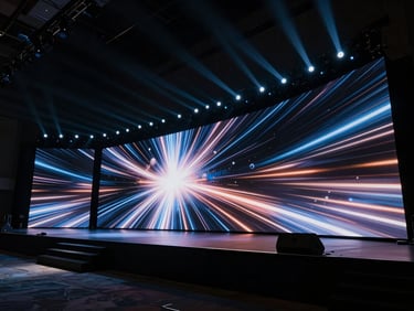 Dramatic wide shot of a custom corporate stage, massive LED backdrop glowing with abstract art, sharp architectural lighting.