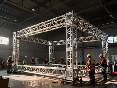 Behind the scenes shot of a heavy-duty aluminum truss structure being assembled by technicians wearing safety gear, clean morning light.