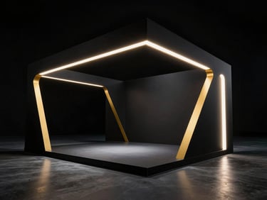 Sleek monolithic black exhibition stand with gold accents, sharp architectural angles, and dramatic spotlighting.