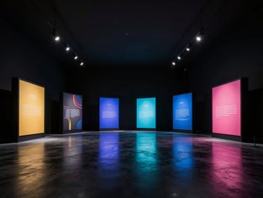 Immersive experiential brand installation in a dark gallery space, dramatic spotlighting, polished reflective surfaces.