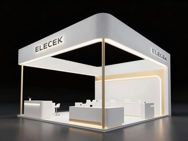 Sleek, high-end exhibition booth with minimalist structural columns, soft gold highlights, clean white corporate branding.