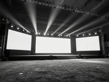 Stark black and white architectural photograph of a massive, empty corporate event stage with geometric LED screens and clean truss structures, dramatic spotlight beams cutting through low haze, ultra-wide angle view.