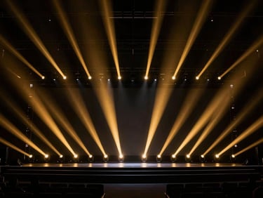Dramatic high-contrast architectural lighting design across a dark corporate stage, sharp gold beams cutting through deep shadows, premium event atmosphere