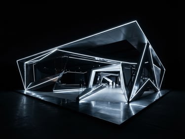 Wide architectural photograph of a high-end minimalist exhibition pavilion, dramatic high-contrast lighting, deep black background, glowing white LED lines.