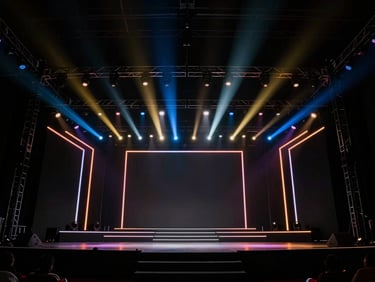 Dramatic high-contrast stage lighting rig illuminating a dark premium event space, vibrant glows.
