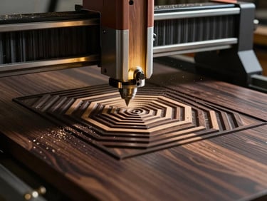Macro shot of a CNC router cutting a precise geometric pattern into premium dark wood, warm workshop lighting with sawdust particles in the air.