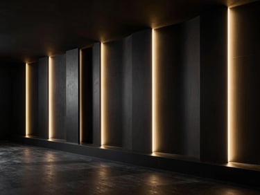 Polished brand activation installation featuring deep shadows, minimal gold accents, and sharp architectural lines.