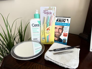 Tools for eyebrow tinting including cleanser, razors, tweezers, brush, mirror, wash cloth, and tint 