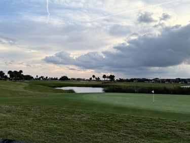 Peaceful daytime view of a golf course in The Villages with water, palms, and wide open greens