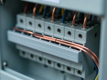 Close-up of clean copper wiring inside a newly installed commercial electrical panel, sharp focus, metallic tones.