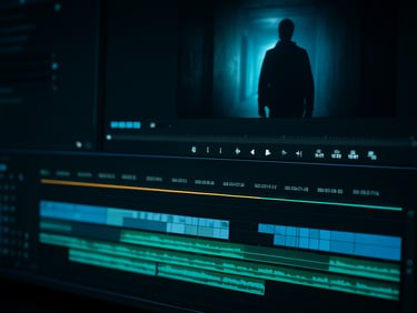 Close-up of a video editing timeline on a monitor screen, color-graded footage visible in the viewer panel, teal and blue tones, monitor glow as the primary light source, tight screen-detail framing