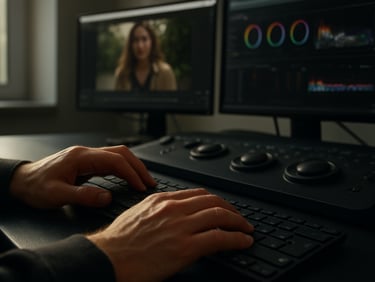 Hands resting on a keyboard in an editing suite, two monitors visible in the background showing video footage and color correction panels, natural daylight from the left, close environmental shot