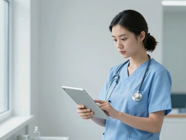 A professional female nurse in blue scrubs checking a digital tablet in a clean, sunlit clinical environment, cool sterile tones, professional editorial style.