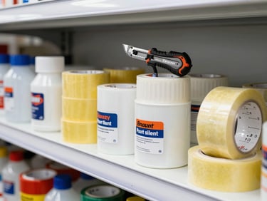 Industrial utility knives, heavy-duty duct tapes, and trade-grade adhesives stacked neatly on a clean metal shelf, bright lighting, sharp focus, 35mm