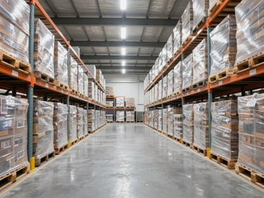 Straight-on wide-angle shot of a bright modern distribution warehouse with neatly stacked pallets under high-key industrial lighting, 35mm
