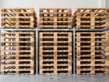 Straight-on wide-angle shot of neatly stacked warehouse pallets on industrial steel shelving, bright high-key industrial lighting, clean organized composition, sharp focus, 35mm