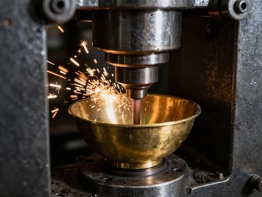Close-up macro shot of industrial metal spinning machinery forming a brass bowl, dramatic high-contrast lighting, sparks flying, polished metallic surface reflections, 35mm.