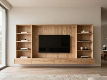 Minimalist living room with a custom wood TV panel, floating shelves, soft natural light, high-end editorial.