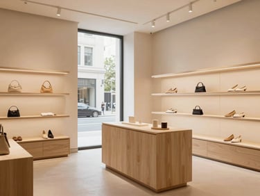 Boutique store interior with custom display shelves, warm lighting, elegant minimalist design, high-end editorial.