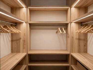 Walk-in closet with warm natural wood shelving, integrated LED lighting, minimalist hangers, high-end editorial.