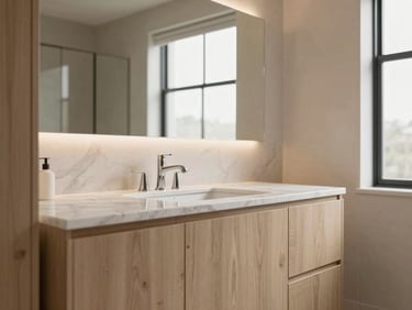Modern bathroom vanity with custom wood cabinetry, marble countertop, soft lighting, high-end editorial.