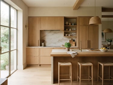 Warm architectural interior photography, a modern kitchen with natural wood cabinets, soft natural window daylight, light beige tones, high-end editorial, 35mm